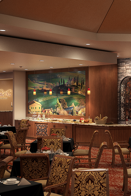 Elegant restaurant interior with ornate chairs, set tables, warm lighting, and a large mural depicting a scenic countryside with hills, trees, and buildings. Red pendant lights hang above a counter with decorative items.