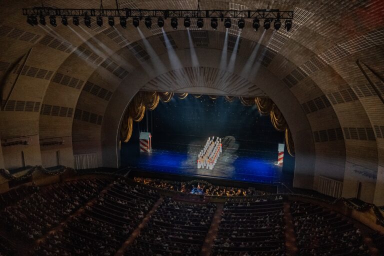 A wide view of a grand theater with an audience watching a stage show. Dancers in white costumes stand in formation under spotlights on a large, ornate stage with a curved, art deco ceiling.