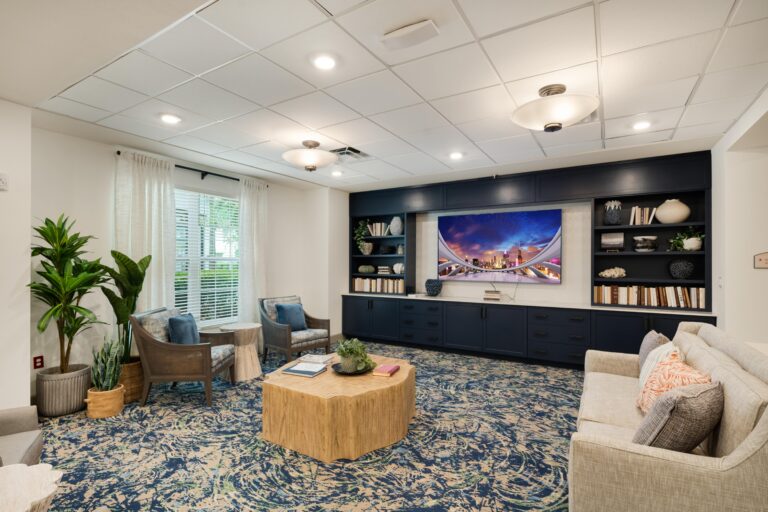 A modern living room with a blue patterned rug, beige sofa, two gray chairs, a wooden coffee table, potted plants, and a large TV on a navy built-in shelving unit with books and decor. Natural light streams through the window.