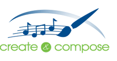 Logo with blue music notes and a paintbrush above the words create & compose in green, with the ampersand inside a green circle.