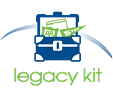 Logo of an open blue toolbox containing green documents and a dollar bill, with a blue arc above and the words “legacy kit” written in green below the image.
