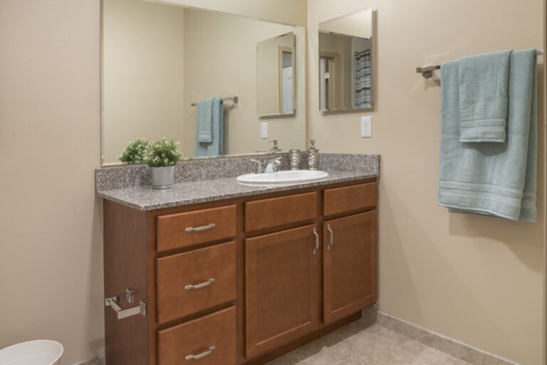 A bathroom with a wooden vanity, granite countertop, sink, and large mirror. A potted plant sits on the counter. A light blue towel hangs on a silver rack on the beige wall. The floor is tiled.