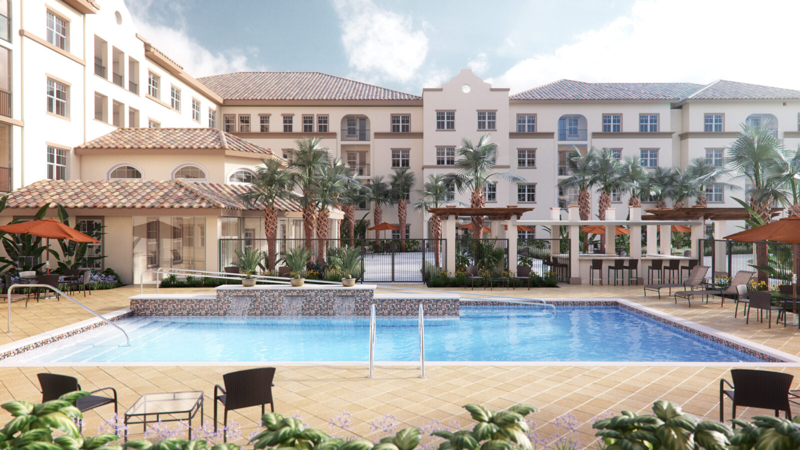 The pool area at The Glades, showcasing modern senior living.